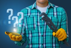Plumber,Answers,Questions.,Worker,On,A,Blue,Background,With,A